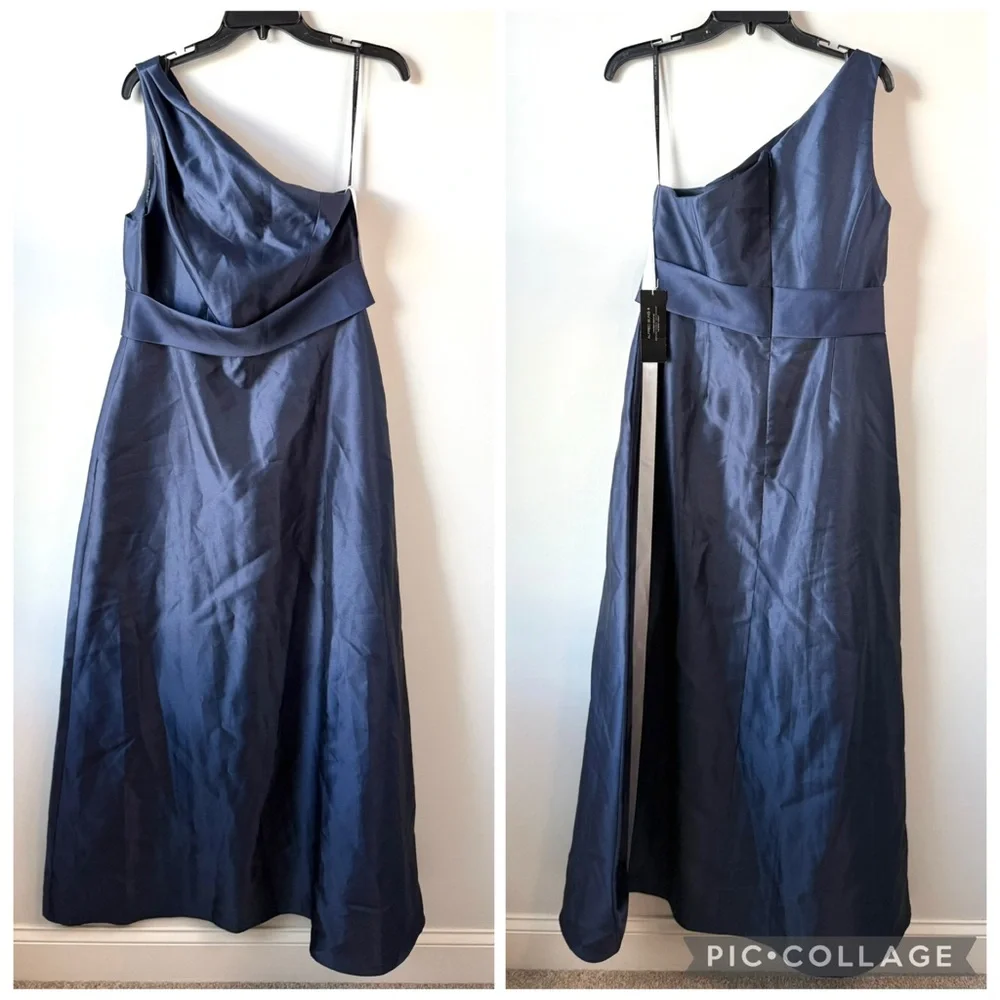 Alfred Sung D815S One Shoulder Satin Twill Gown Midnight‎ Navy 12 - Picture 3 of 9